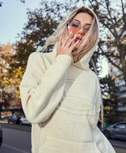 Beyaz Örme Triko Sweat