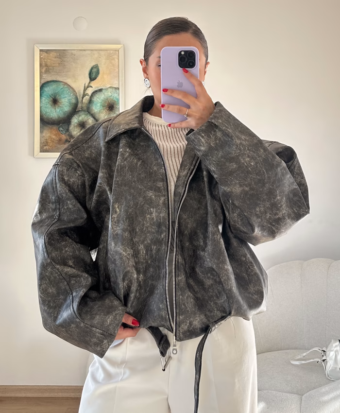 Gri Geçişli Oversize Deri Ceket - Görsel 3