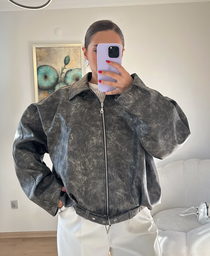 Gri Geçişli Oversize Deri Ceket - Görsel 2