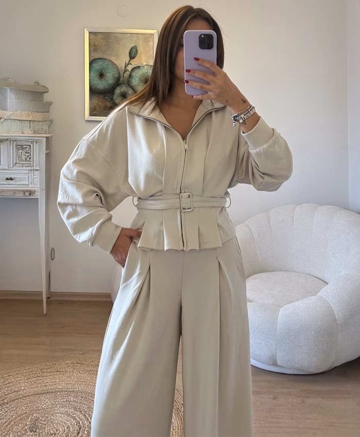 Taş Rengi Kemerli Takım - Görsel 2